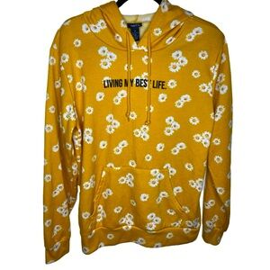Rue 21 “Living My Best Life” Mustard Cozy Flower Hoodie Sweater Size Medium